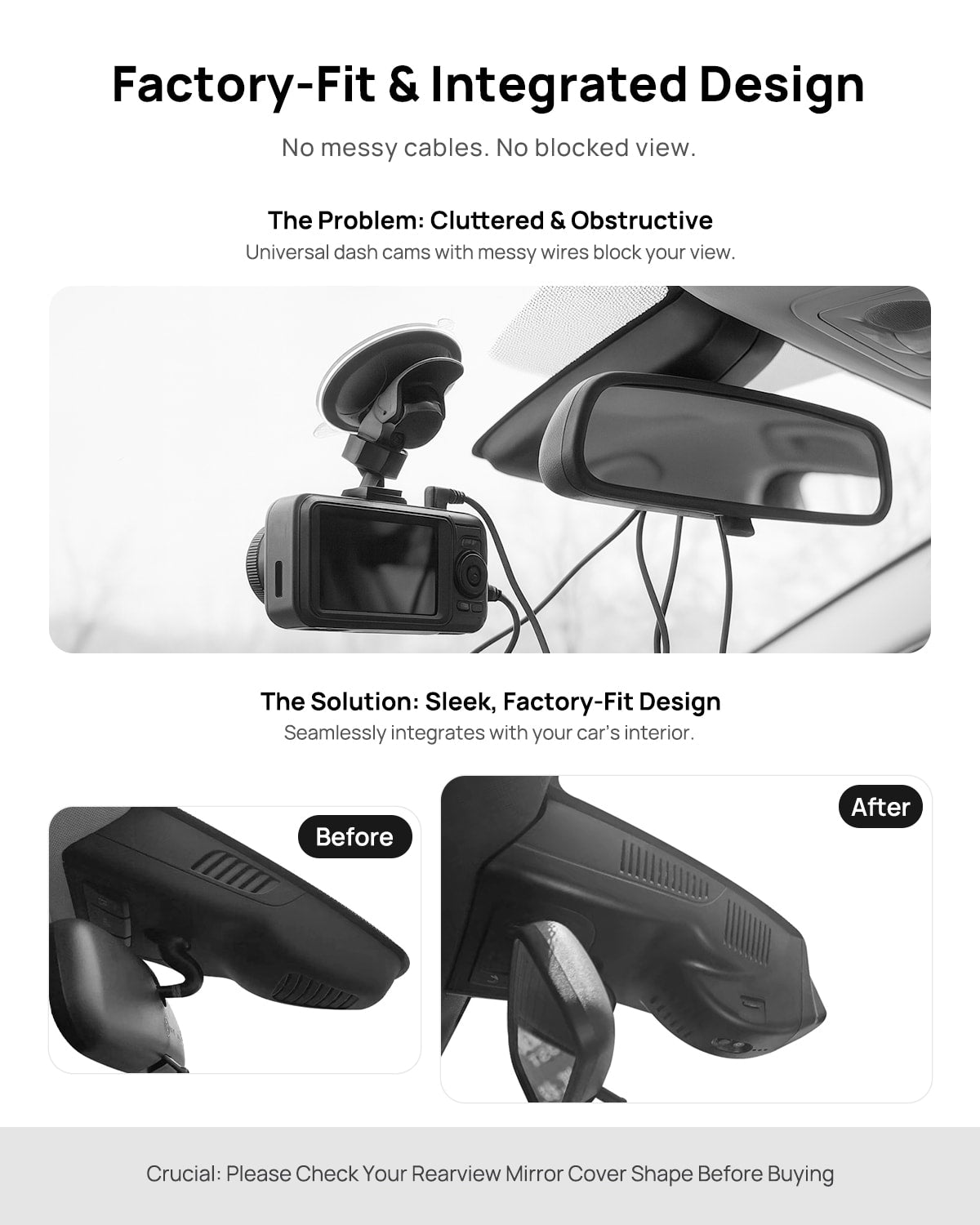 Before vs after installation on Mercedes-Benz CLA180 CLA200 CLA220 CLA260 C117 2015-2019: integrated dash cam behind mirror cover for a cleaner, unobstructed view
