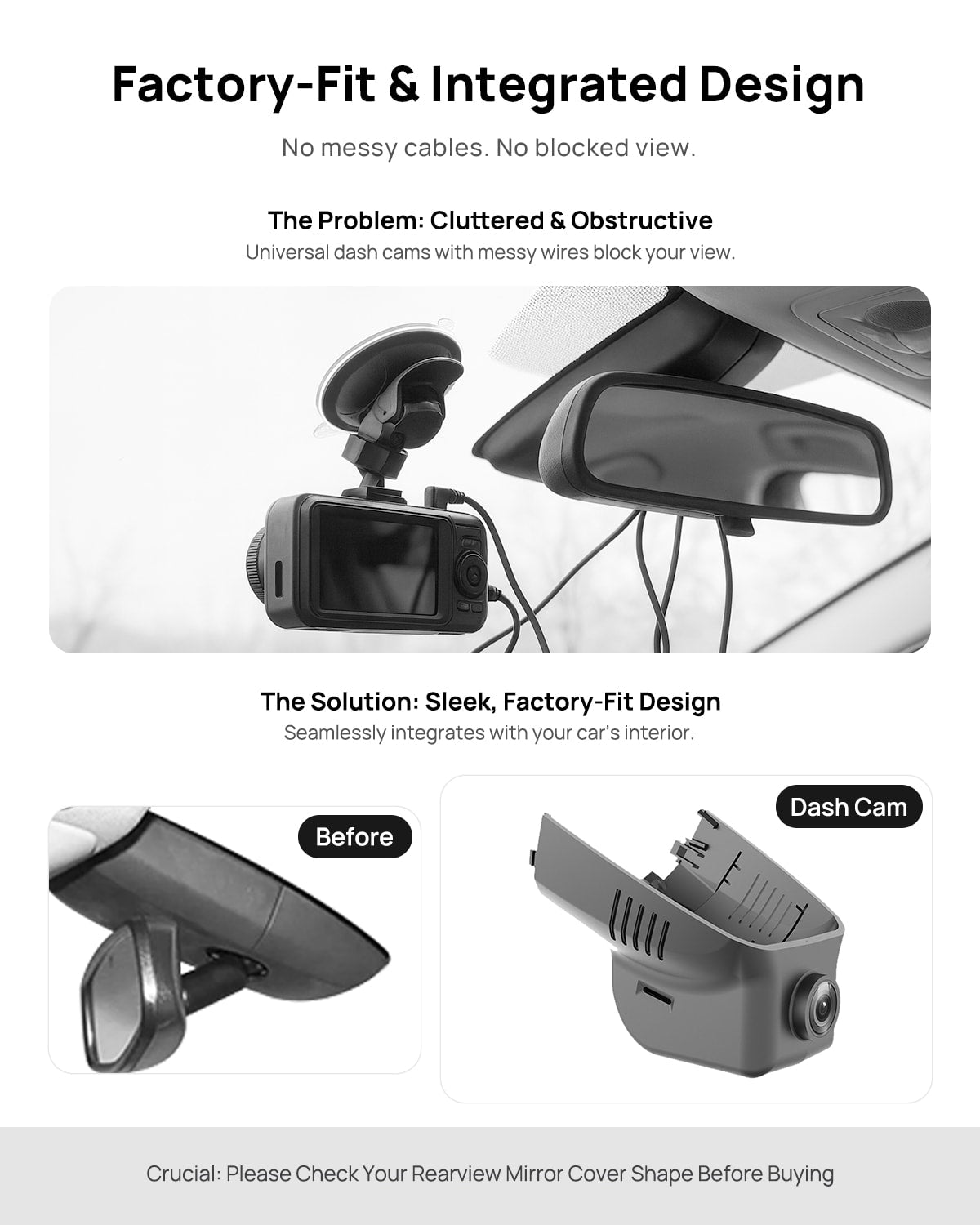 Before vs after installation on Cadillac XTS 2015-2019: integrated front & rear dash cam behind mirror cover for a cleaner, unobstructed view