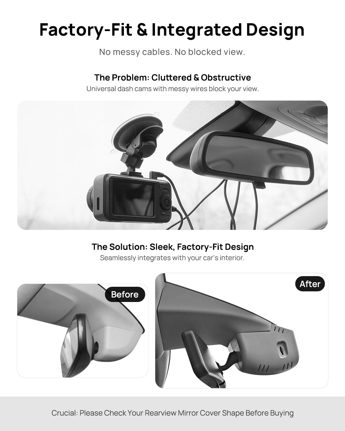 Before vs after installation on Volkswagen Taos Tharu 2022-2024: integrated front & rear dash cam behind mirror cover for a cleaner, unobstructed view