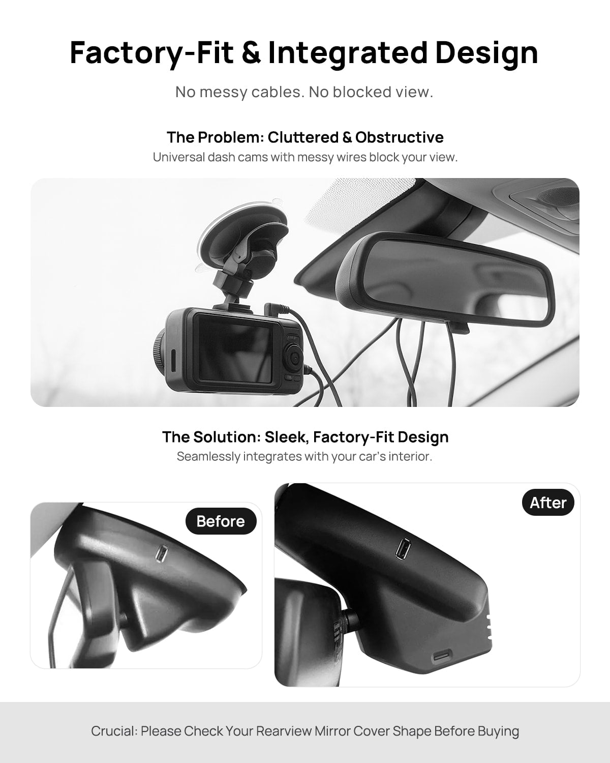 Before vs after installation on Ford Territory 2019: integrated dash cam behind mirror cover for a cleaner, unobstructed view