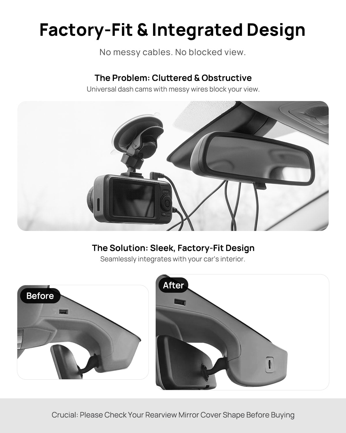 Before vs after installation on Volkswagen Jetta 2023 2024: integrated front & rear dash cam behind mirror cover for a cleaner, unobstructed view