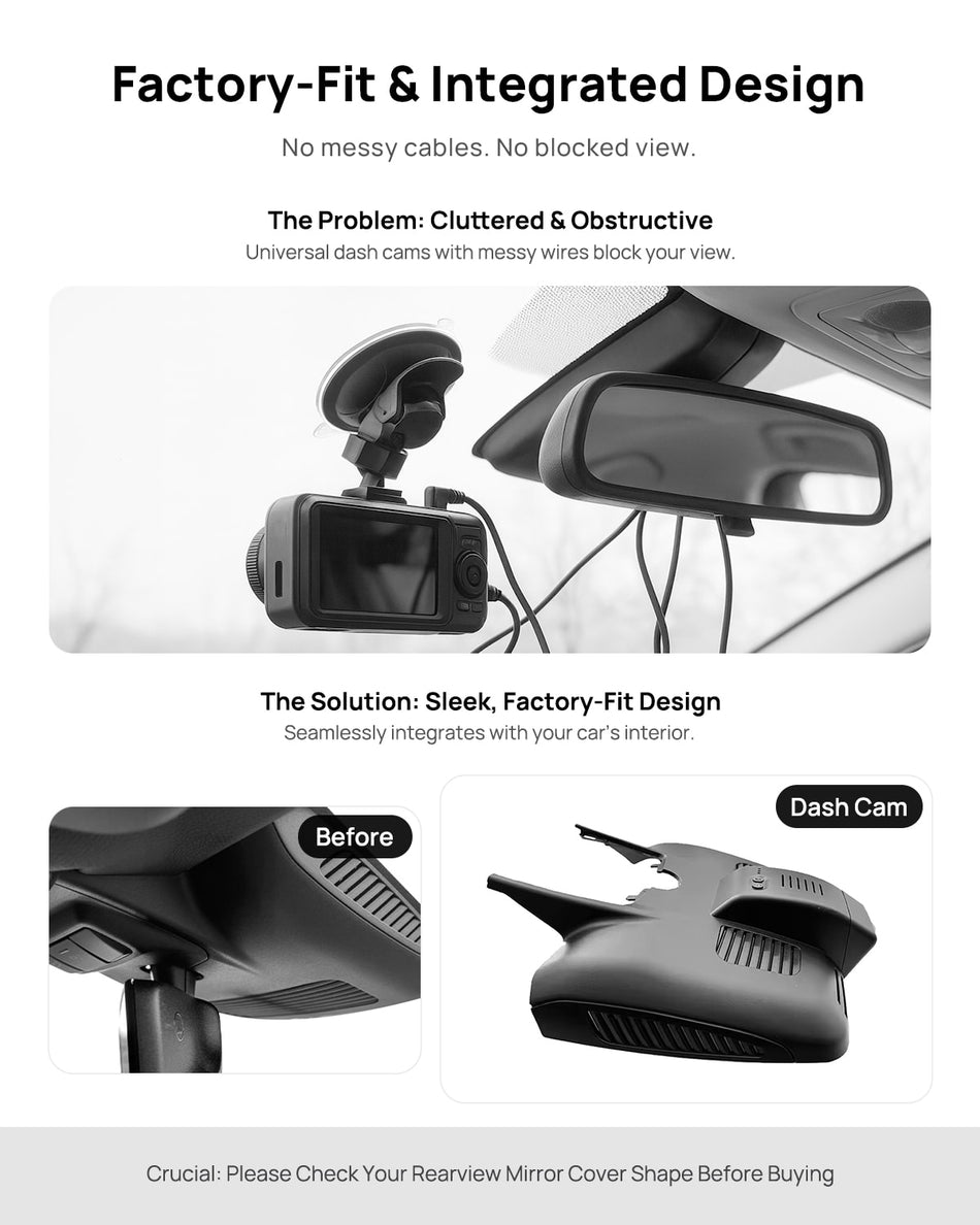 Before vs after installation on Mercedes-Benz E-Class Coupe 2018 2019: integrated front & rear dash cam behind mirror cover for a cleaner, unobstructed view