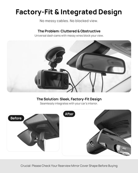 Before vs after installation on BMW 3 Series G20 2019 2020: integrated dash cam behind mirror cover for a cleaner, unobstructed view