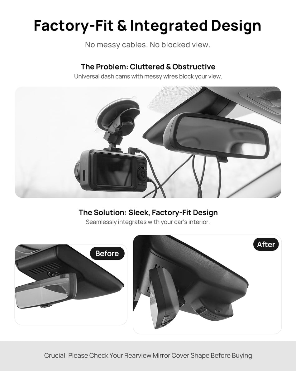 Before vs after installation on Toyota Alphard Vellfire (AH40) 2022-2025: integrated dash cam behind mirror cover for a cleaner, unobstructed view