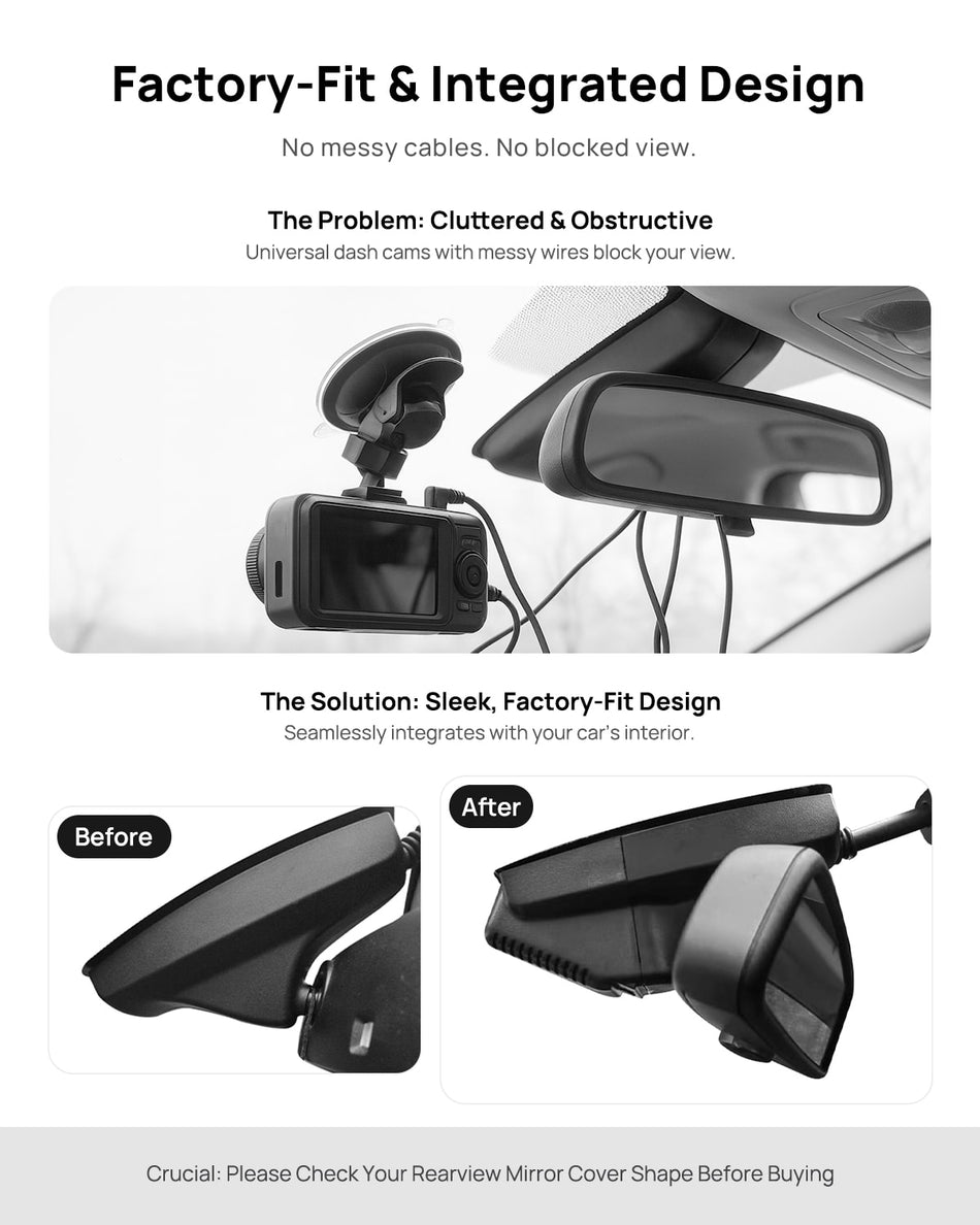 Before vs after installation on BMW Z4 E85 E89 2004-2013: integrated front & rear dash cam behind mirror cover for a cleaner, unobstructed view