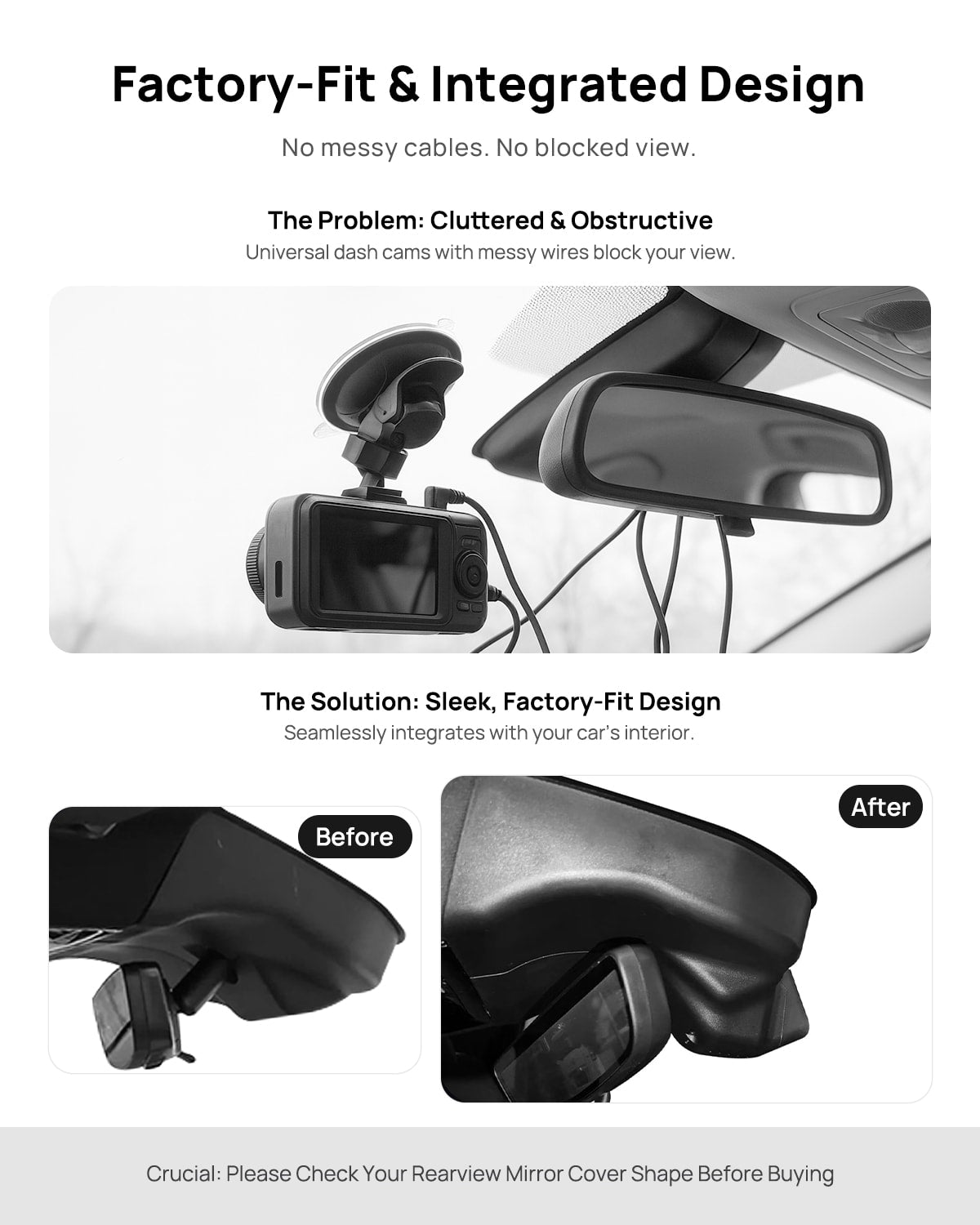 Before vs after installation on Cadillac CT6 2023 2024: integrated dash cam behind mirror cover for a cleaner, unobstructed view