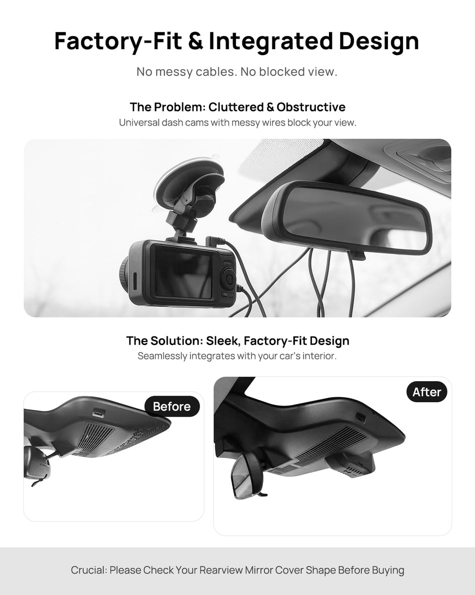 Before vs after installation on GAC AION Y Plus 2022-2025: integrated front & rear dash cam behind mirror cover for a cleaner, unobstructed view