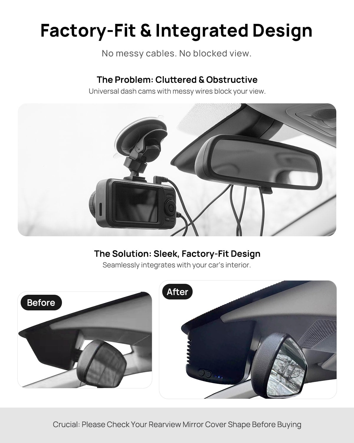 Before vs after installation on Honda Accord 2023-2025: integrated dash cam behind mirror cover for a cleaner, unobstructed view