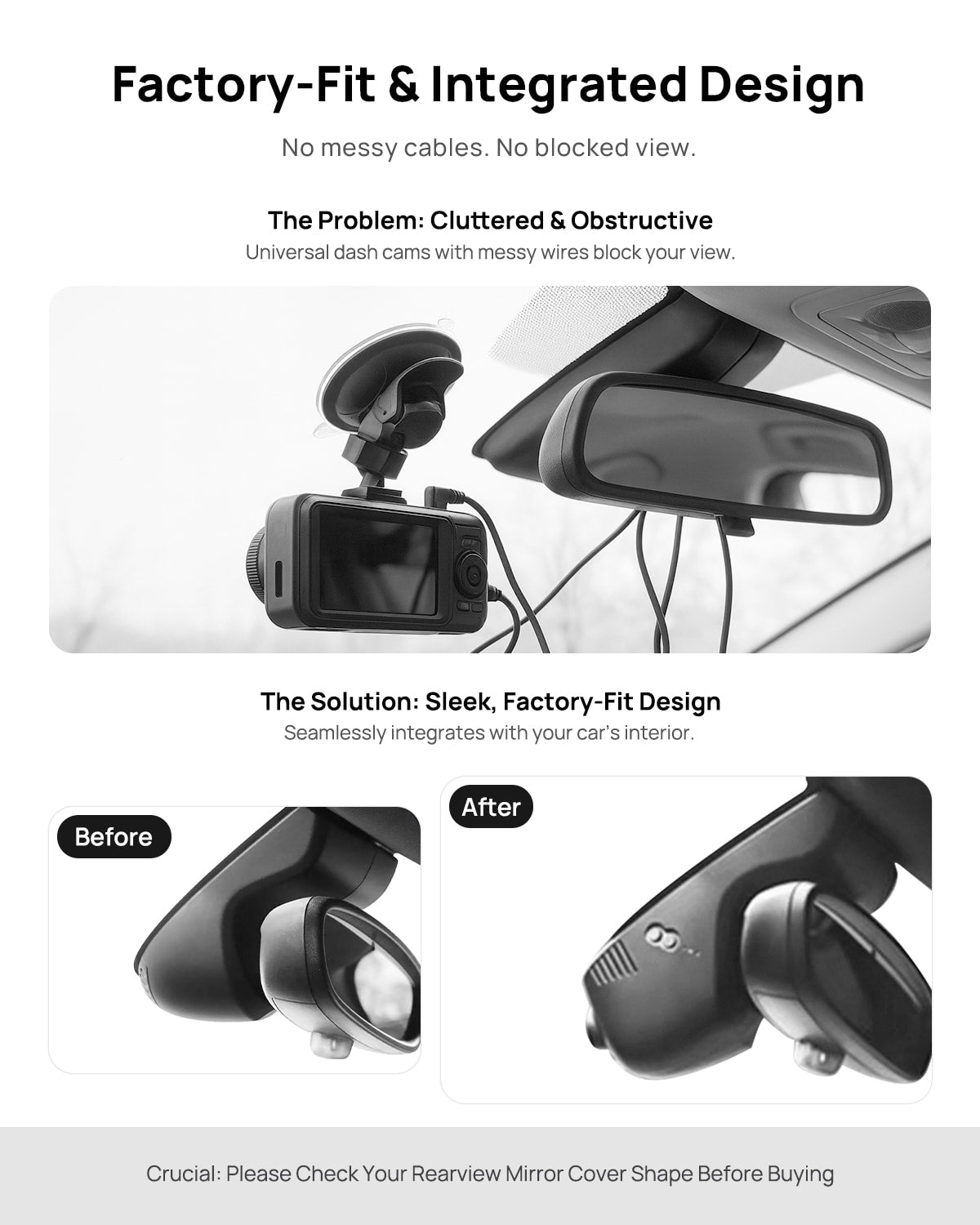 Before vs after installation on BMW MINI F56 F55 F57 F60 2019: integrated front & rear dash cam behind mirror cover for a cleaner, unobstructed view