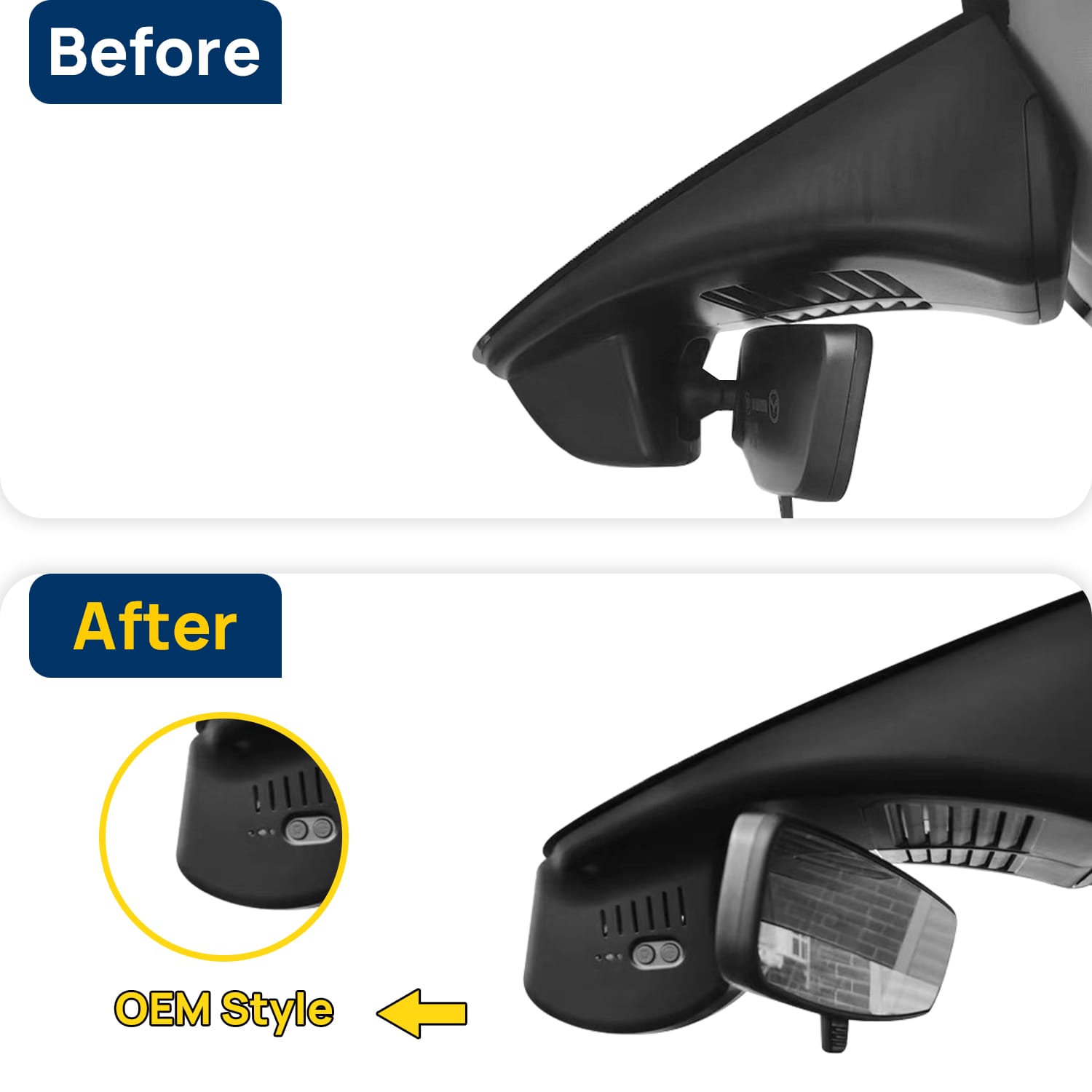 Vorher-Nachher Vergleich: Xplywi 2K/1080P Doppel Dashcam Autokamera Kompatibel mit Mazda CX-30 CX-50 2023 2024, diskrete OEM-Installation