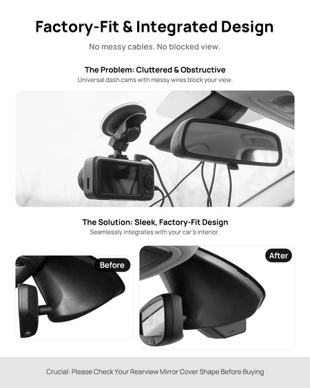 Before vs after installation on Jeep Cherokee 2020 2021: integrated dash cam behind mirror cover for a cleaner, unobstructed view