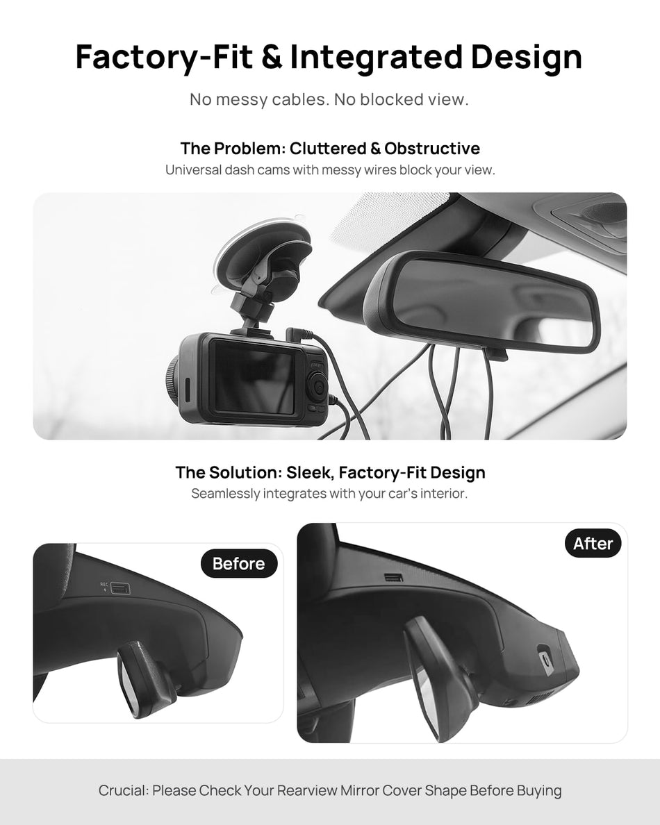 Before vs after installation on Volkswagen T-Roc 2017-2025: integrated dash cam behind mirror cover for a cleaner, unobstructed view