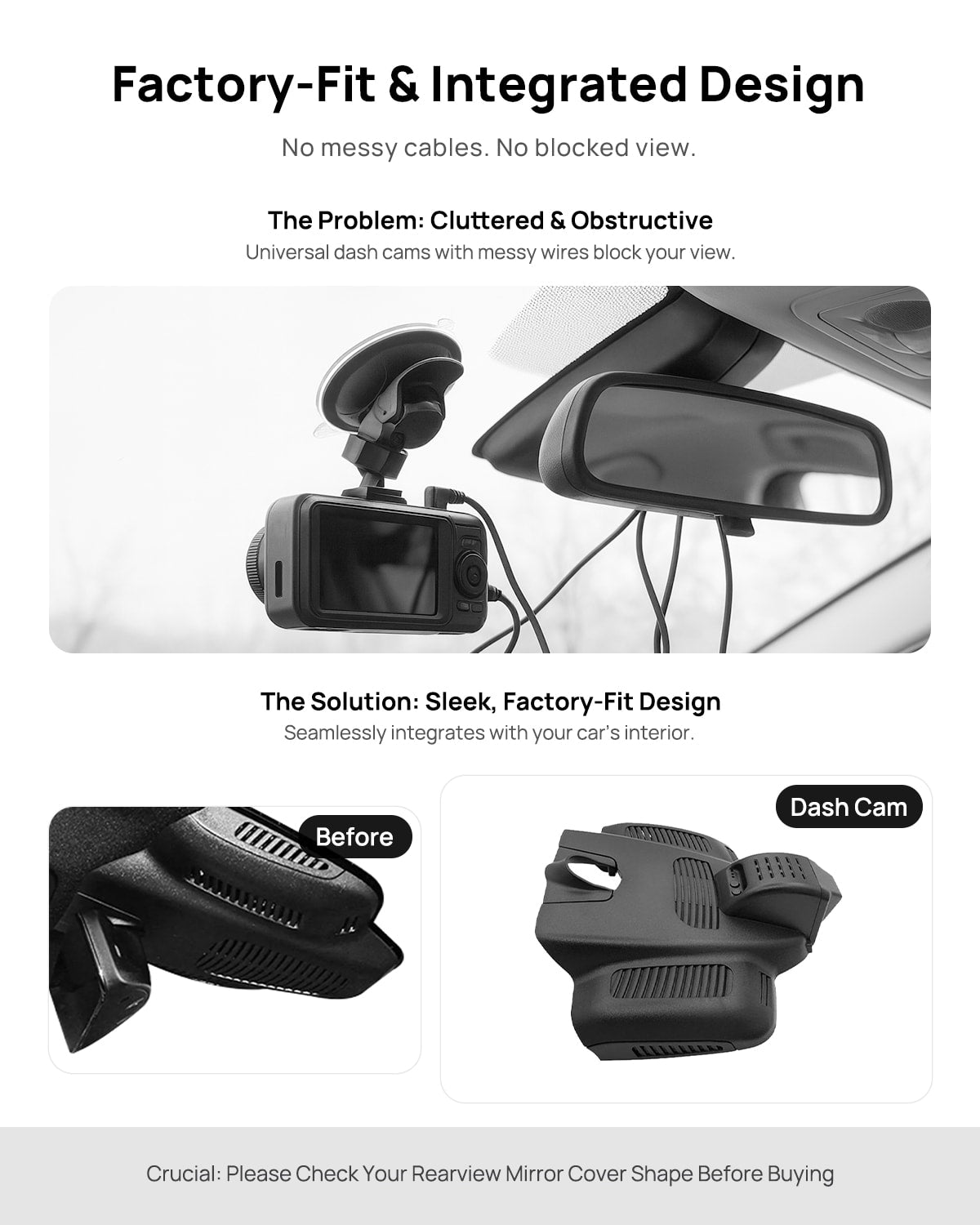 Before vs after installation on Mercedes-Benz AMG C43 C63 C-Class W205 W206 2019-2021: integrated front & rear dash cam behind mirror cover for a cleaner,...