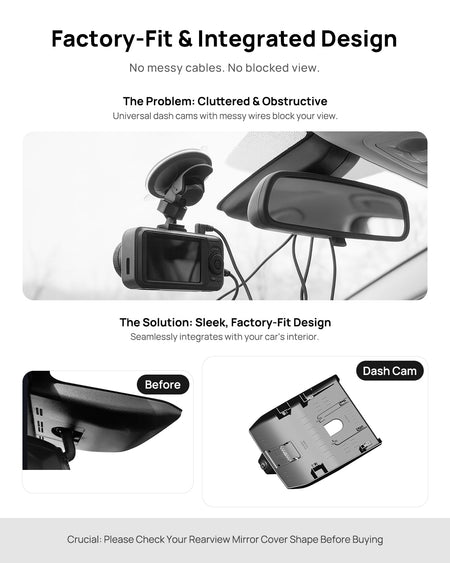 Before vs after installation on Toyota Prius XW50 XW60 2023-2025: integrated dash cam behind mirror cover for a cleaner, unobstructed view