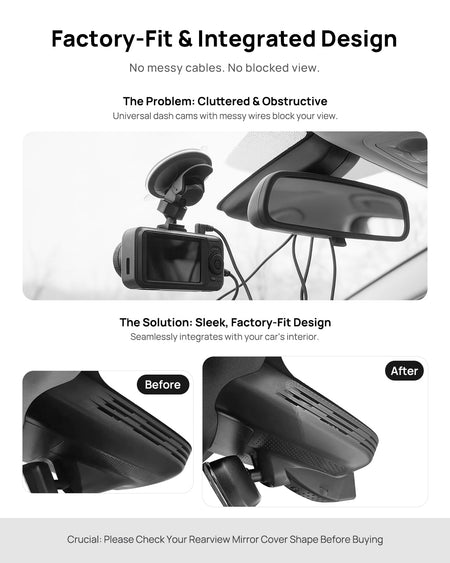 Before vs after installation on Mercedes-Benz Smart #1 2022-2026: integrated dash cam behind mirror cover for a cleaner, unobstructed view