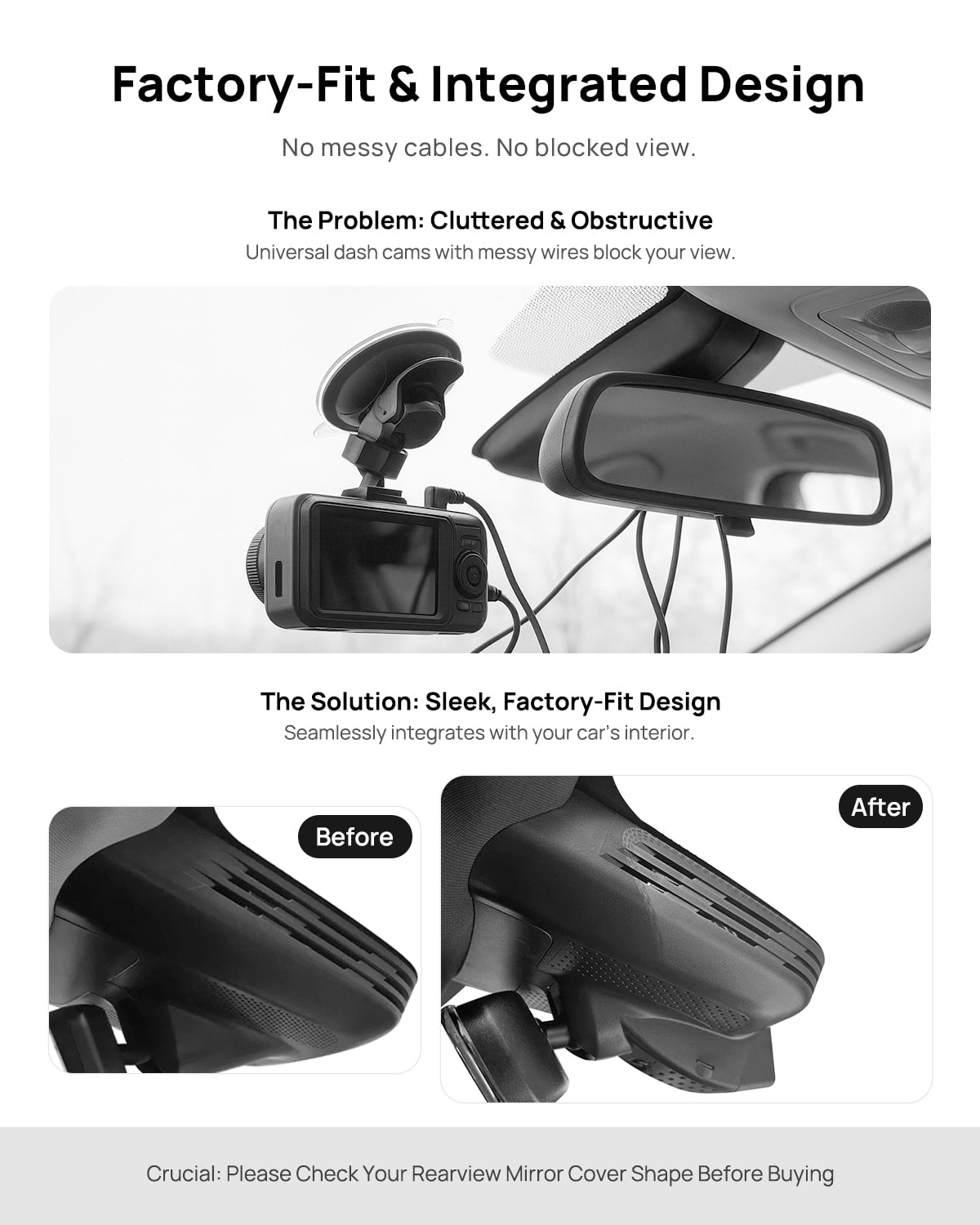 Before vs after installation on Mercedes-Benz Smart #1 2022-2026: integrated front & rear dash cam behind mirror cover for a cleaner, unobstructed view