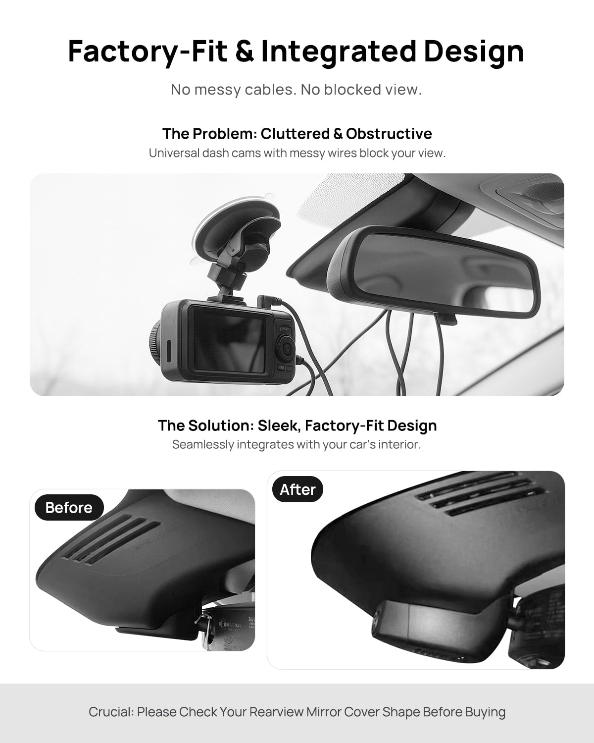 Before vs after installation on Volvo S60 V60 T5 T6 T8 B5 2019-2022: integrated front & rear dash cam behind mirror cover for a cleaner, unobstructed view