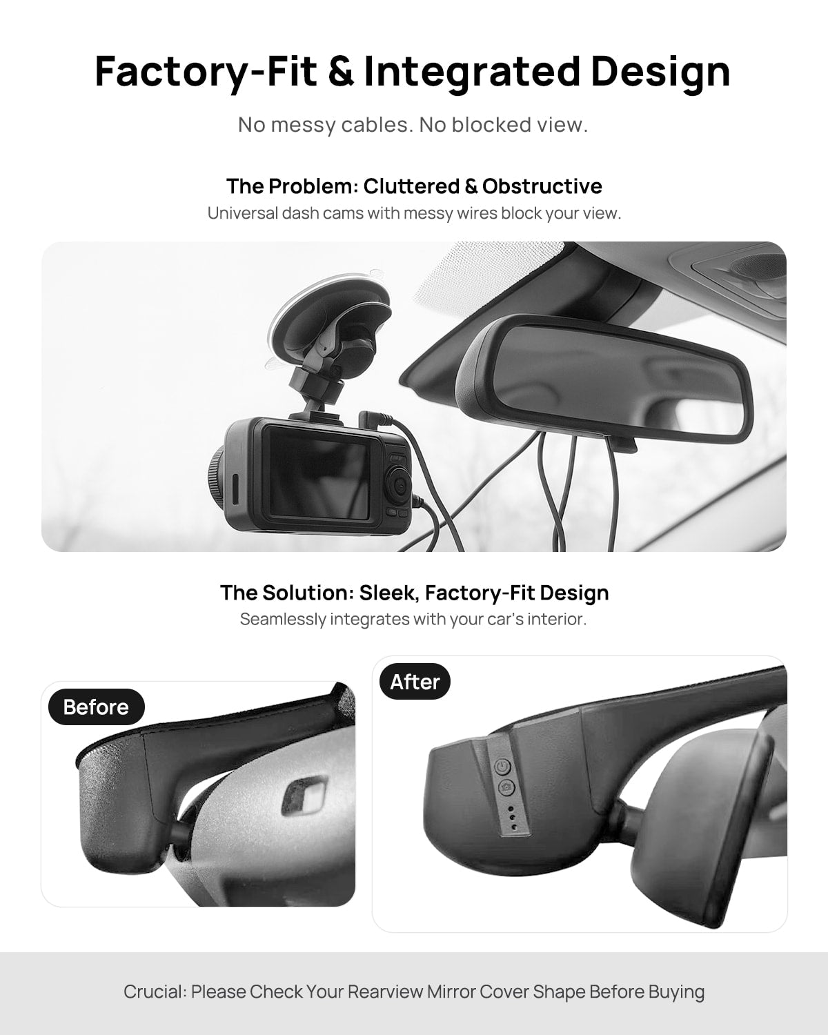 Before vs after installation on Audi A6 A4 A8 Q5 Q7 TT 2008-2018: integrated front & rear dash cam behind mirror cover for a cleaner, unobstructed view