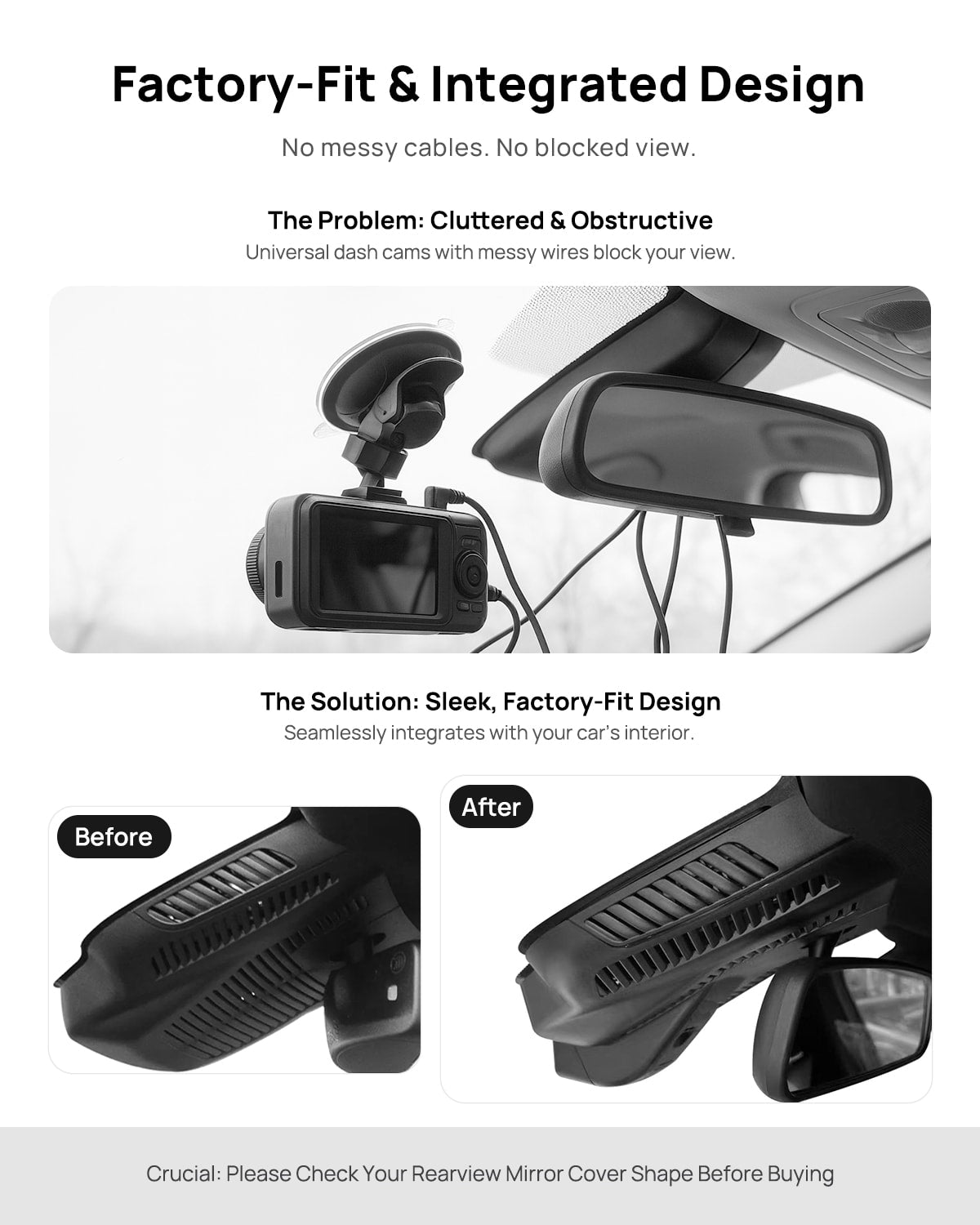 Before vs after installation on Mercedes-Benz AMG GLA35 LA45 GLA200 H247 2021-2023: integrated dash cam behind mirror cover for a cleaner, unobstructed view