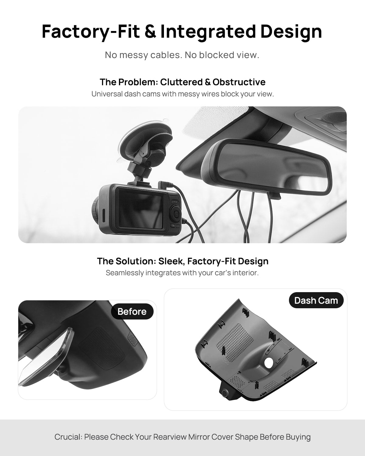 Before vs after installation on Hongqi EH7 2024: integrated dash cam behind mirror cover for a cleaner, unobstructed view