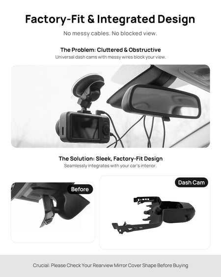 Before vs after installation on BMW X7 G07 2019: integrated dash cam behind mirror cover for a cleaner, unobstructed view