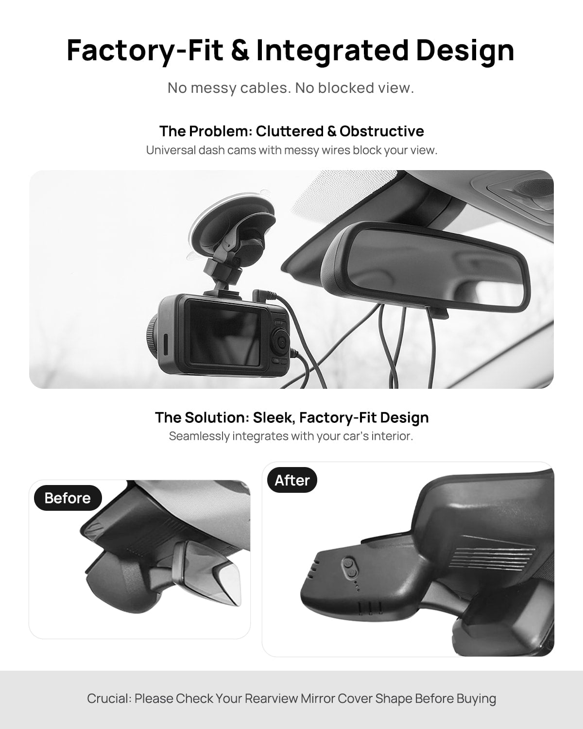 Before vs after installation on BMW MINI Cooper J01 2025: integrated dash cam behind mirror cover for a cleaner, unobstructed view