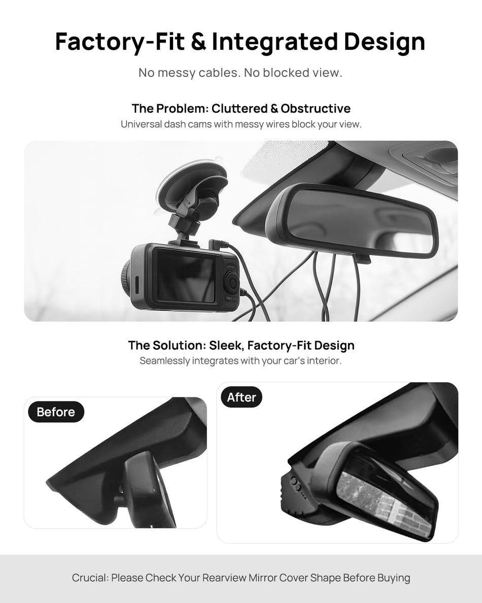 Before vs after installation on BMW 3 Series G20 G21 GT F34 2017-2019: integrated front & rear dash cam behind mirror cover for a cleaner, unobstructed view