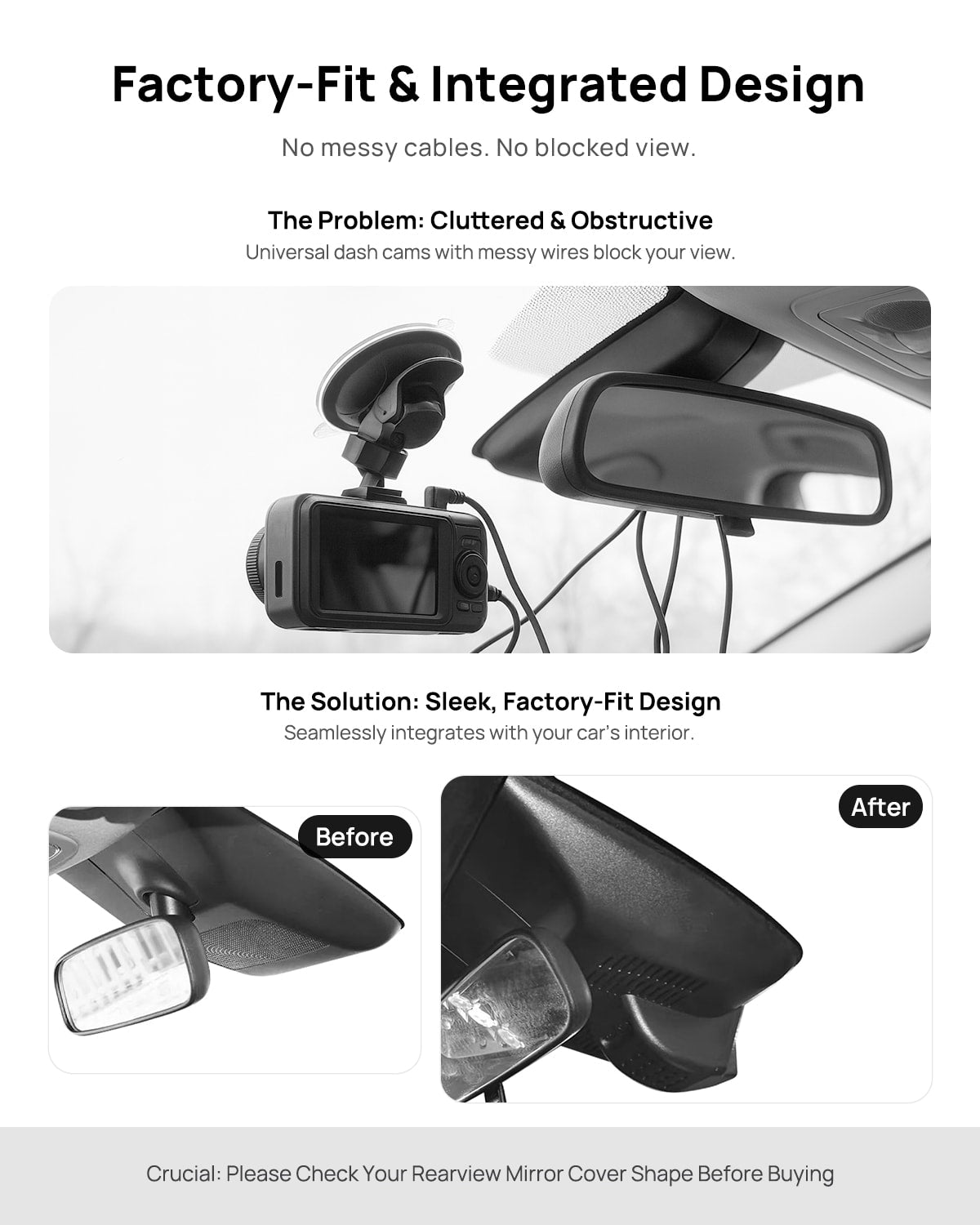 Before vs after installation on Honda Jazz Fit 4 Mk4 2020-2023: integrated front & rear dash cam behind mirror cover for a cleaner, unobstructed view