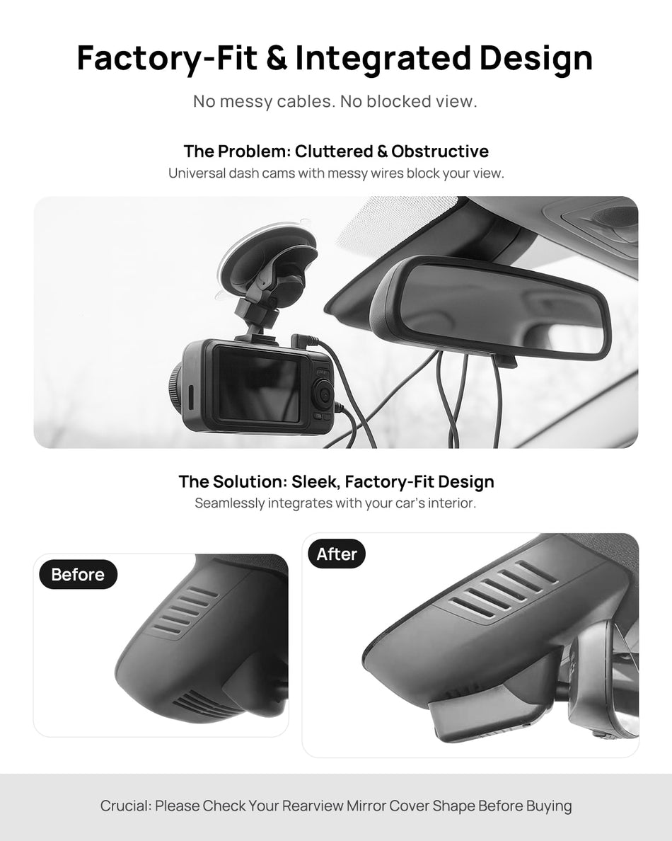 Before vs after installation on Polestar 2 2021-2024: integrated dash cam behind mirror cover for a cleaner, unobstructed view