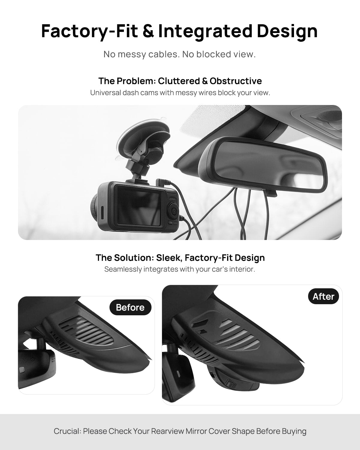 Before vs after installation on Mercedes-Benz GLC260 X254 2023: integrated front & rear dash cam behind mirror cover for a cleaner, unobstructed view