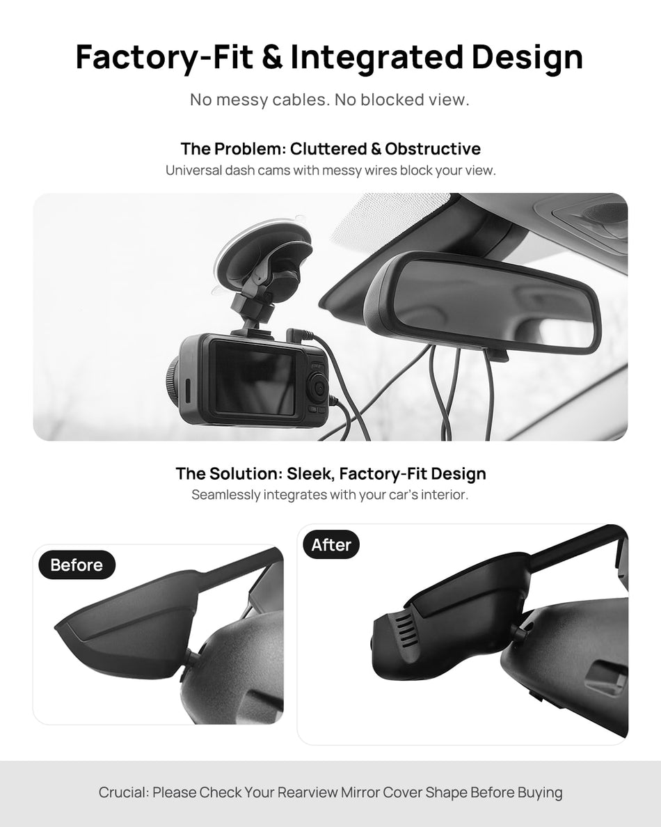 Before vs after installation on Volkswagen Touareg 2010-2018: integrated front & rear dash cam behind mirror cover for a cleaner, unobstructed view