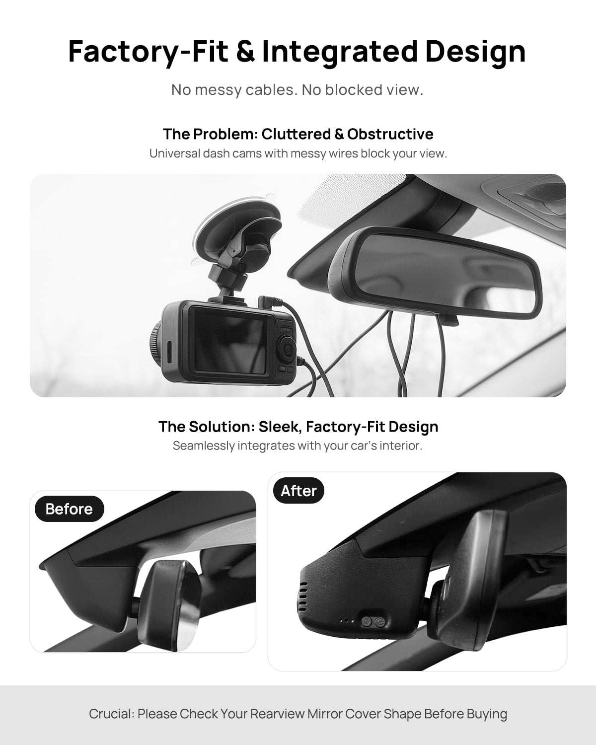 Before vs after installation on Volkswagen Atlas Teramont 2021-2025: integrated front & rear dash cam behind mirror cover for a cleaner, unobstructed view