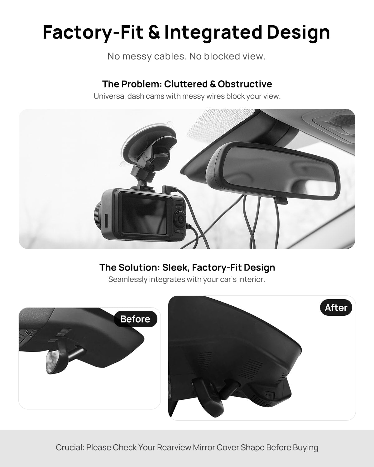 Before vs after installation on Cadillac XT5 2025: integrated dash cam behind mirror cover for a cleaner, unobstructed view