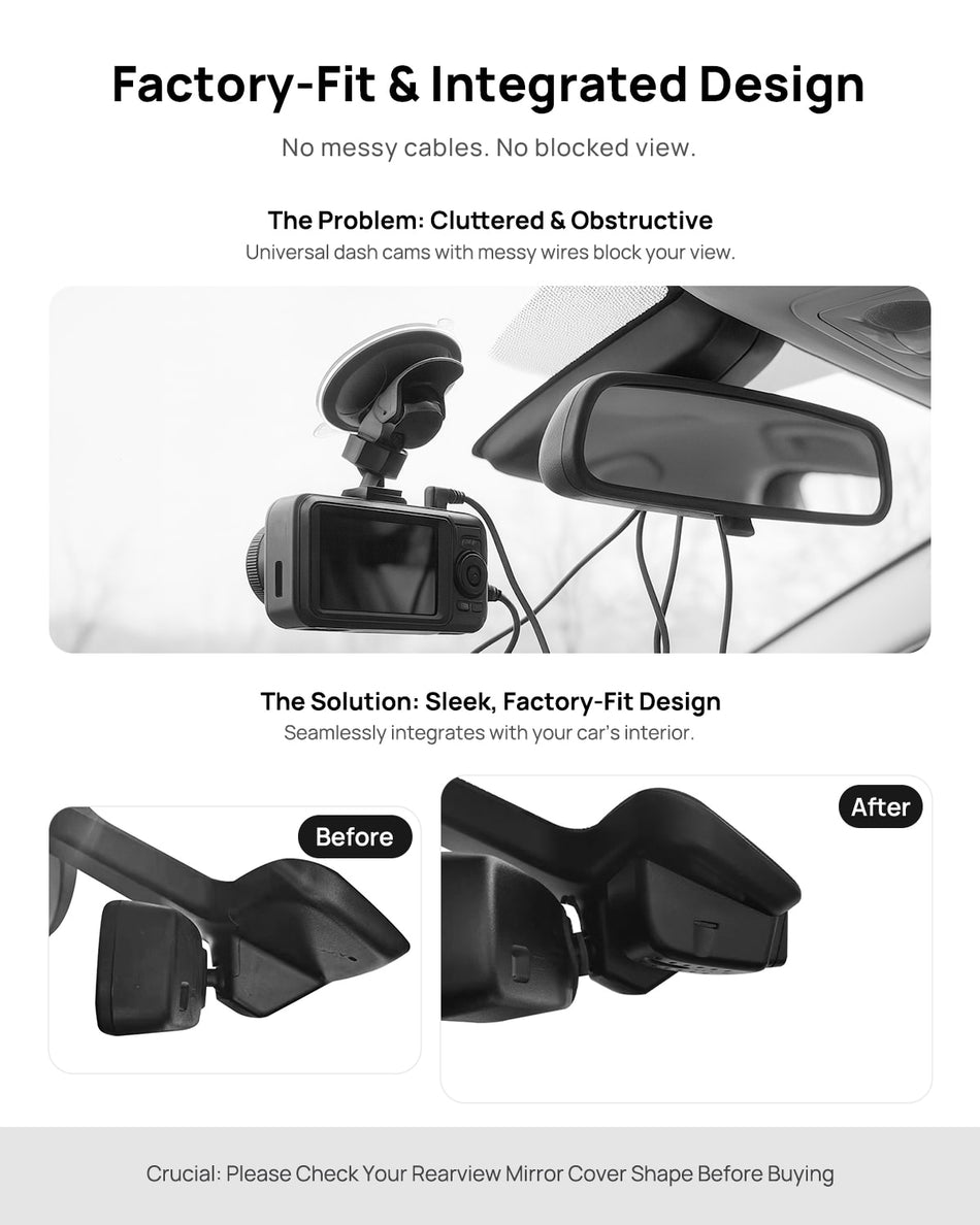 Before vs after installation on Ford Edge 2015-2019: integrated front & rear dash cam behind mirror cover for a cleaner, unobstructed view