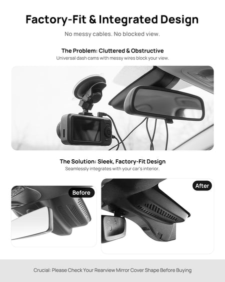 Before vs after installation on Mercedes-Benz CLS W257 2020-2021: integrated front & rear dash cam behind mirror cover for a cleaner, unobstructed view
