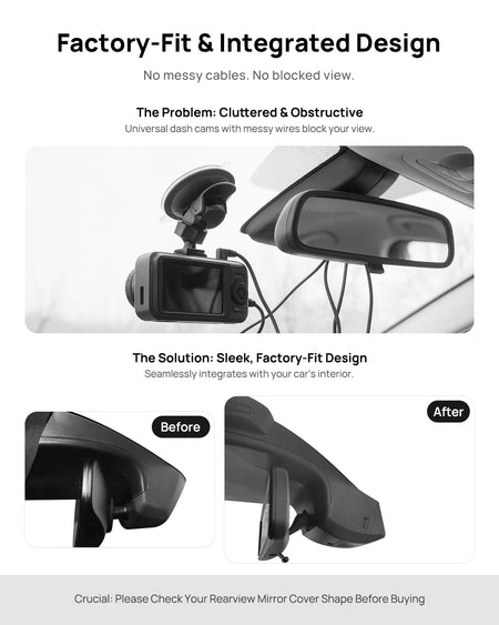Before vs after installation on Volkswagen ID.4 X CROZZ 2021-2025: integrated front & rear dash cam behind mirror cover for a cleaner, unobstructed view