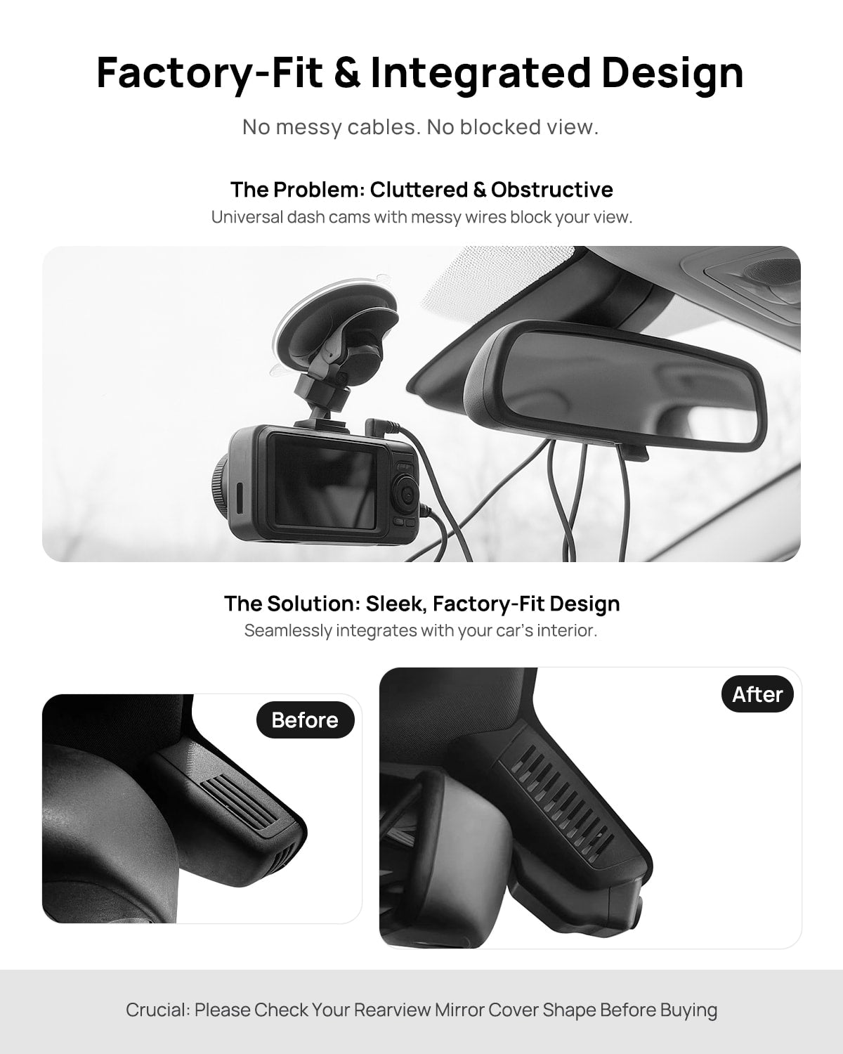 Before vs after installation on Mercedes-Benz GLK260 X204 2014 2015: integrated front & rear dash cam behind mirror cover for a cleaner, unobstructed view