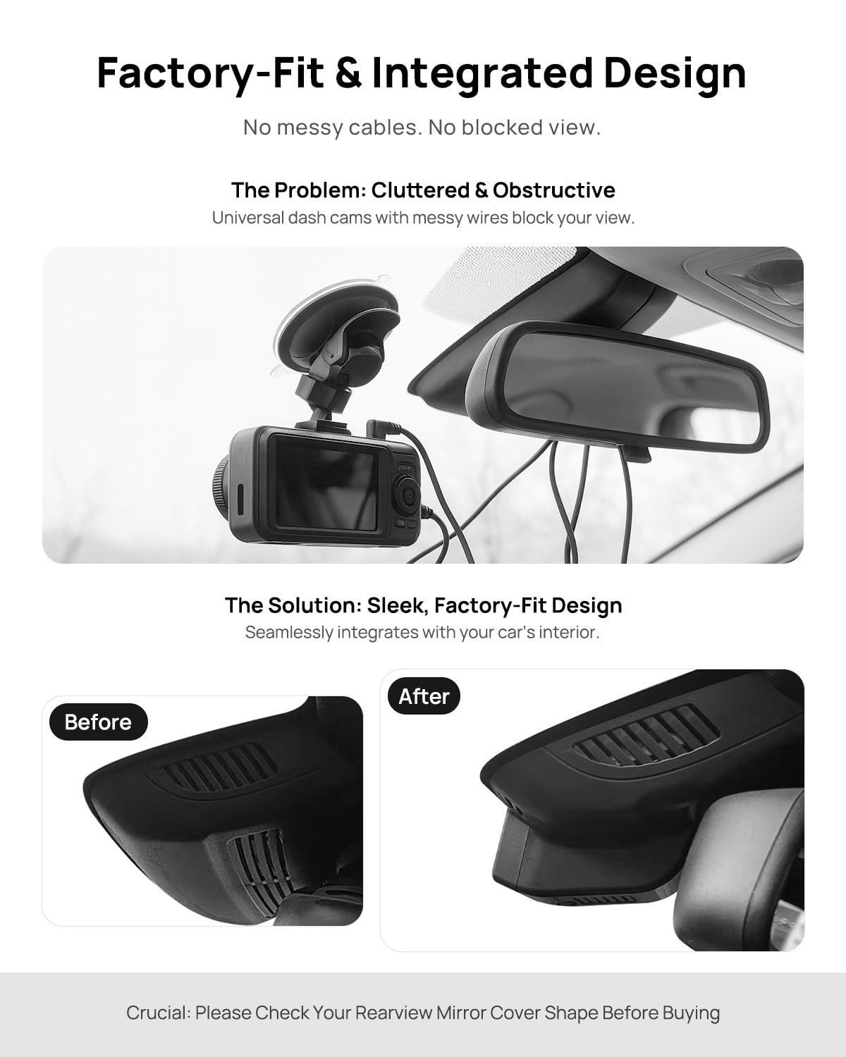 Before vs after installation on Mercedes-Benz E-Class E200 E260 E300 E320 W212 2010 2013-2016: integrated front & rear dash cam behind mirror cover for a cleaner,...