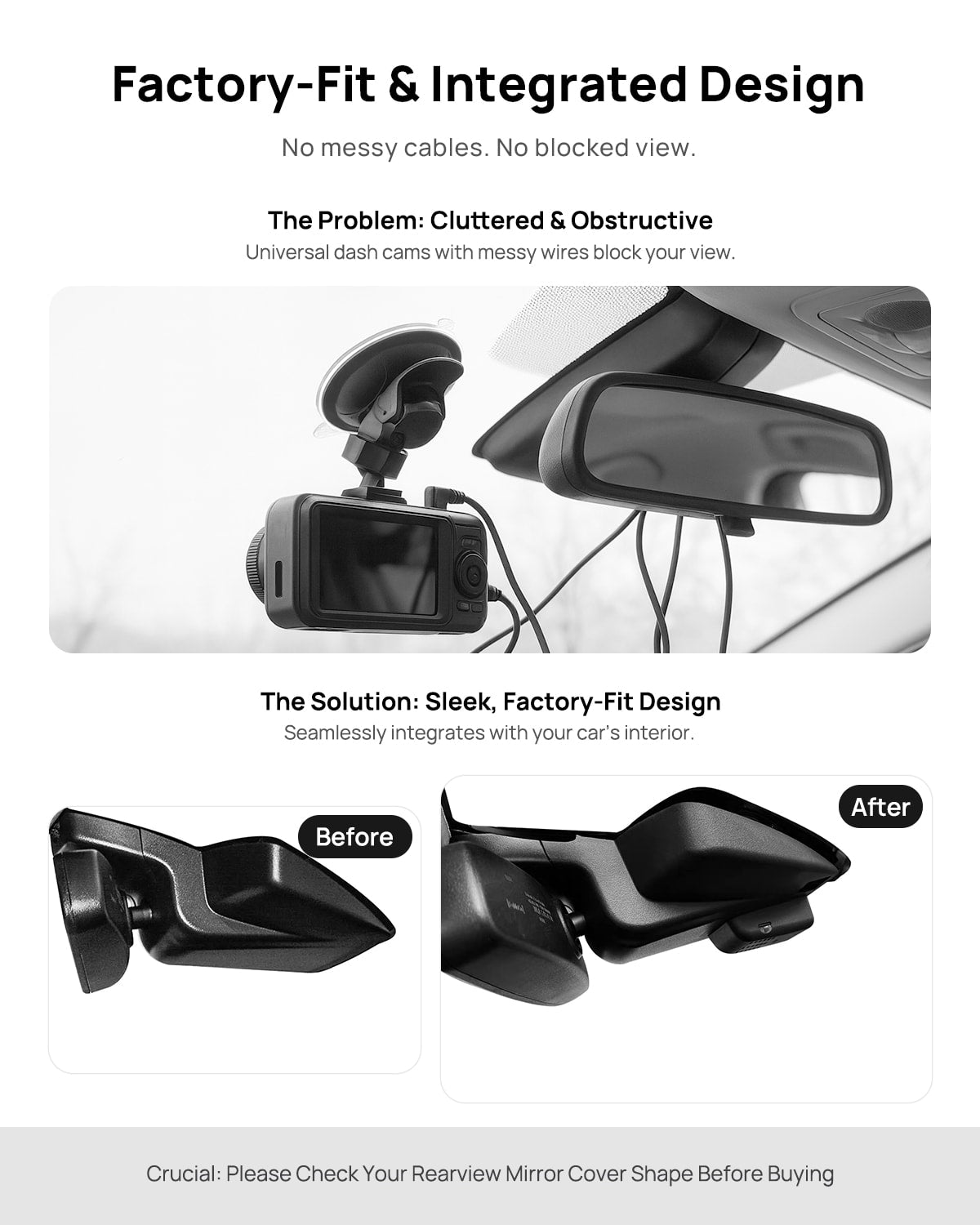 Before vs after installation on Ford Mondeo 2015-2020: integrated dash cam behind mirror cover for a cleaner, unobstructed view