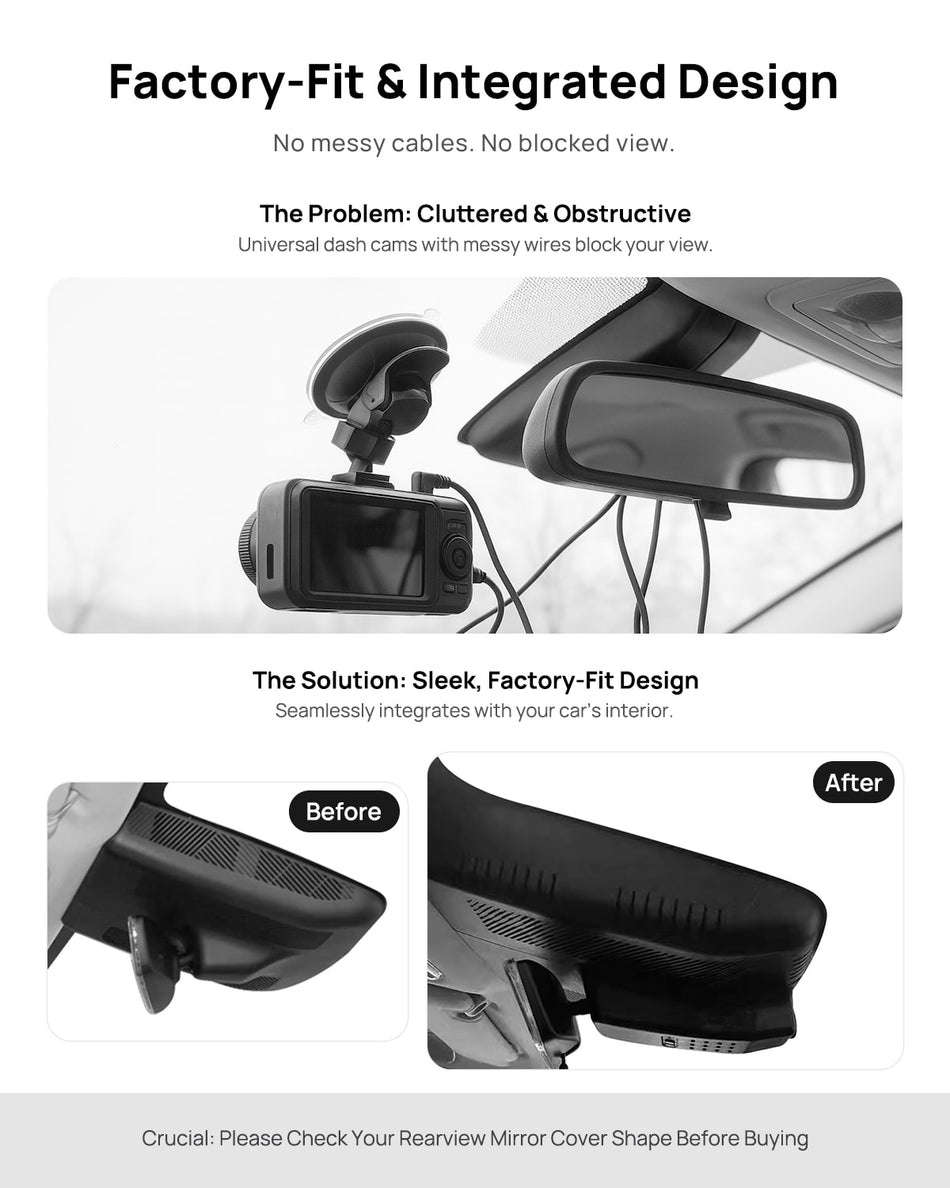 Before vs after installation on GAC AION Hyper GT 2023-2025: integrated front & rear dash cam behind mirror cover for a cleaner, unobstructed view