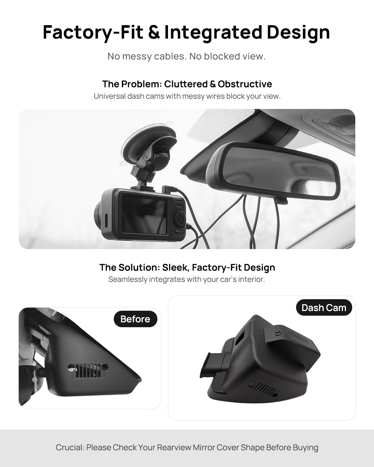 Before vs after installation on Jeep Renegade 2015-2022 Sport Limited (Black): integrated front & rear dash cam behind mirror cover for a cleaner, unobstructed view