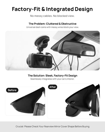 Before vs after installation on Mercedes-Benz Smart #1 2015-2021: integrated front & rear dash cam behind mirror cover for a cleaner, unobstructed view