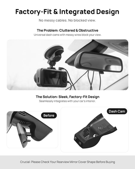 Before vs after installation on BMW 3 Series G20 2025: integrated dash cam behind mirror cover for a cleaner, unobstructed view