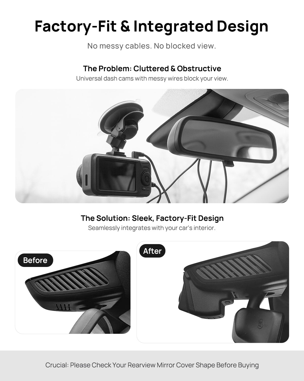 Before vs after installation on Mercedes-Benz GLB180 GLB200 GLB220 X247 2020-2023: integrated dash cam behind mirror cover for a cleaner, unobstructed view