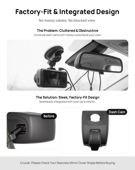Before vs after installation on Toyota RAV4 2019-2021 & RAV4 Prime 2021-2024: integrated front & rear dash cam behind mirror cover for a cleaner, unobstructed view
