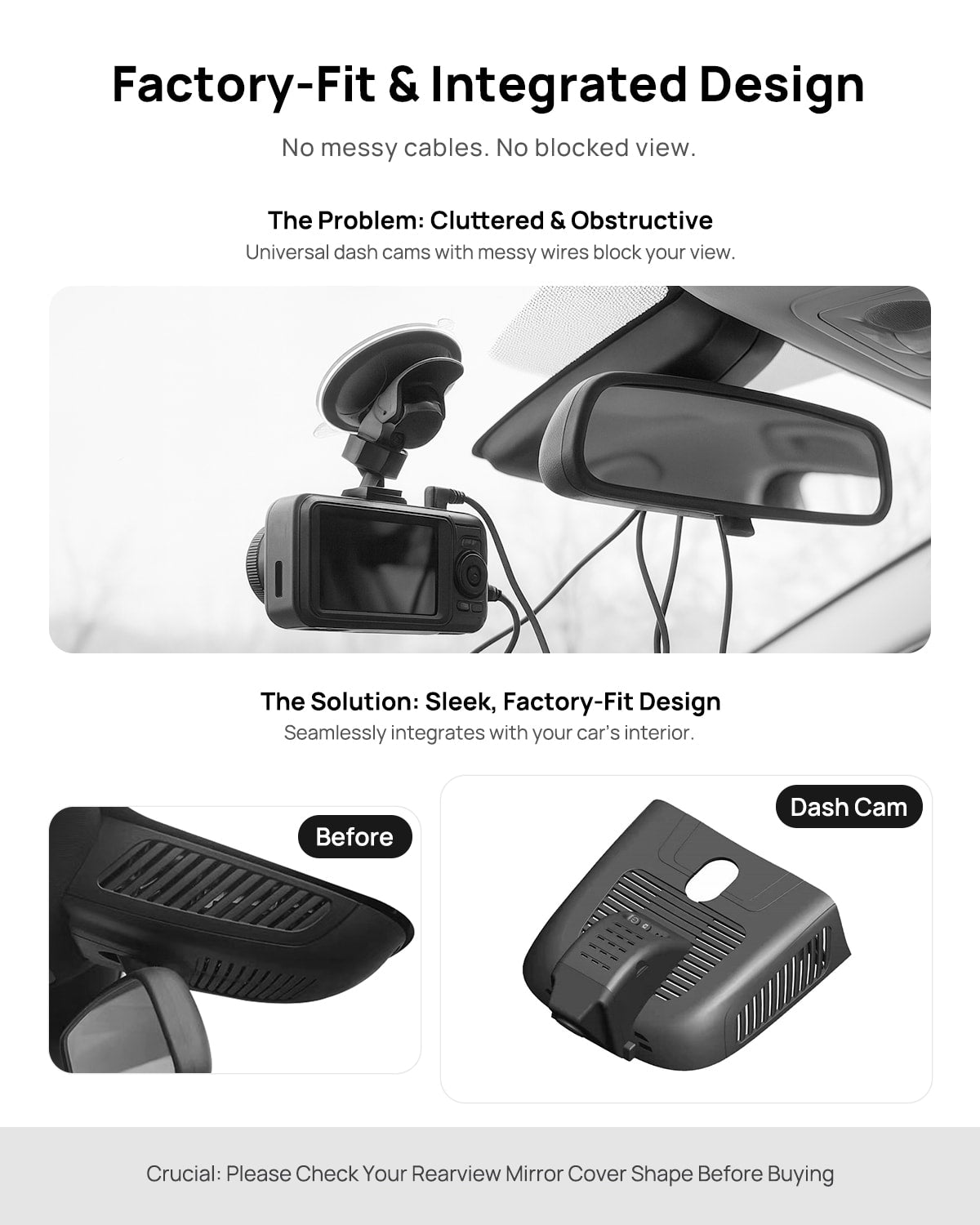 Before vs after installation on Mercedes-Benz EQA260 H243 2022 2023: integrated front & rear dash cam behind mirror cover for a cleaner, unobstructed view
