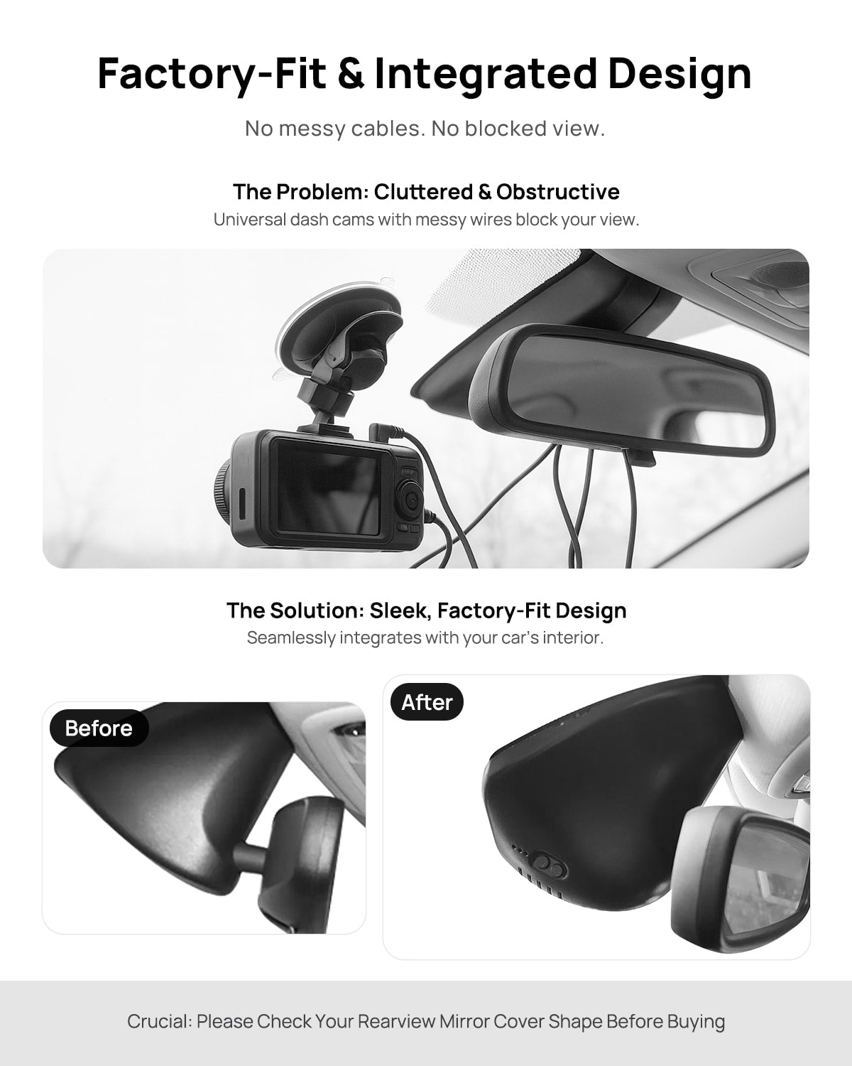 Before vs after installation on Jeep Cherokee 2019: integrated front & rear dash cam behind mirror cover for a cleaner, unobstructed view