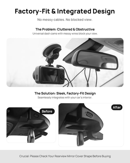 Before vs after installation on Lincoln Corsair 2020-2022: integrated front & rear dash cam behind mirror cover for a cleaner, unobstructed view