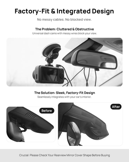 Before vs after installation on Mercedes-Benz GLA200 GLA220 GLA260 X156 2016-2019: integrated dash cam behind mirror cover for a cleaner, unobstructed view