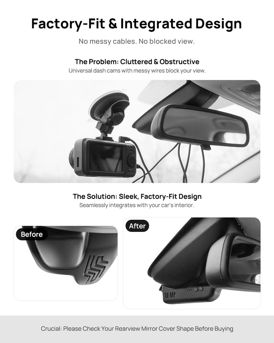 Before vs after installation on Volvo XC60 2012-2017: integrated dash cam behind mirror cover for a cleaner, unobstructed view